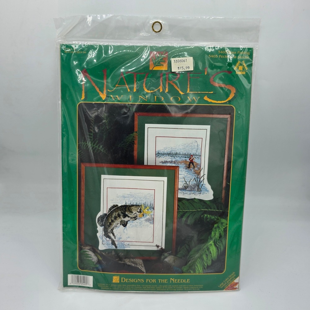 Designs for the Needle Nature Window Bass Fishing Cross Stitch Kit Vintage 12x12